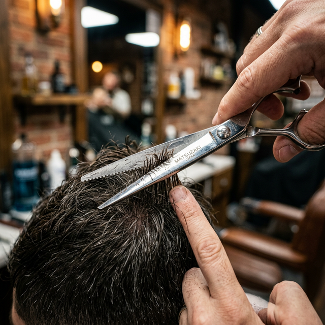 Barber using scissors